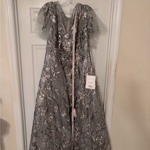 Mac Duggal Silver Floral Embellished Gown